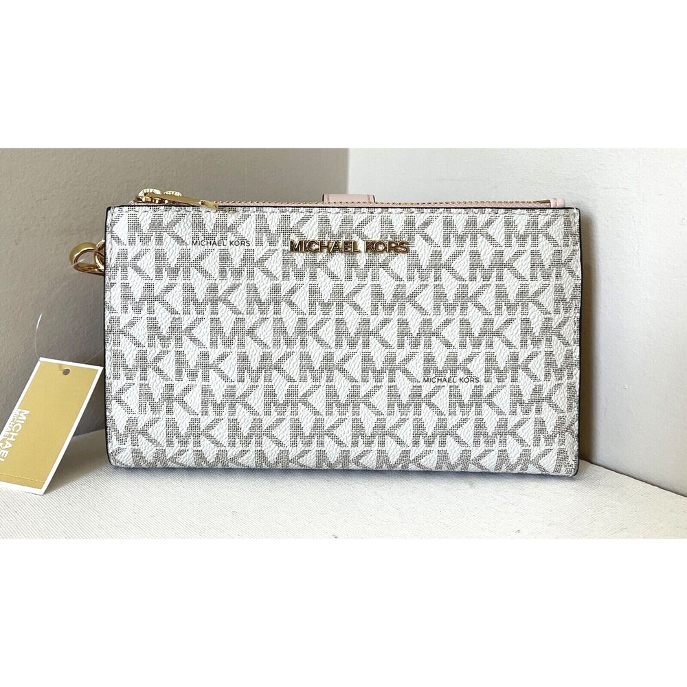 New Michael Kors Jet Set Travel Double zip wristlet wallet Vanilla Powder Blush